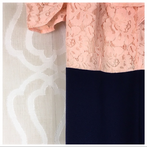 *CLEARANCE* Peach Lace Navy Ruffle Flares Jumpsuit - Picture 6 of 8